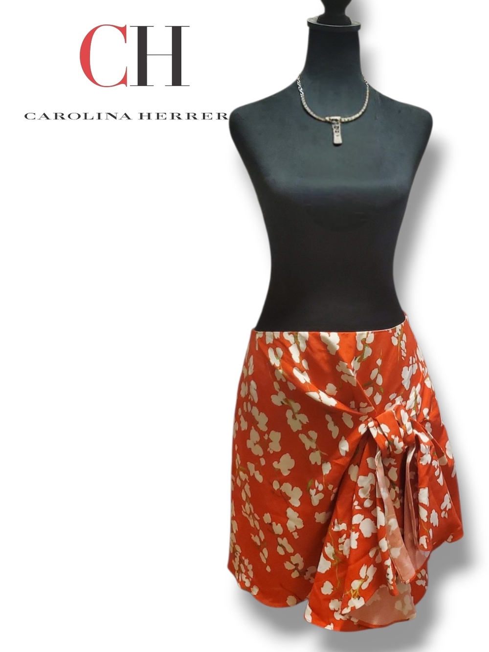 Carolina Herrera Red Floral Faille Asymmetrical Bow Skirt ~ Fits Size M / 8